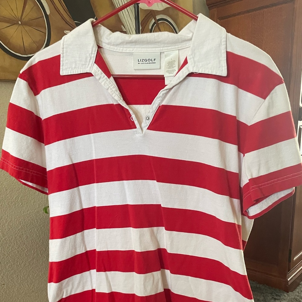 Lizgolf, red& white stripe, short sleeve golf shirt, 100% cotton, large